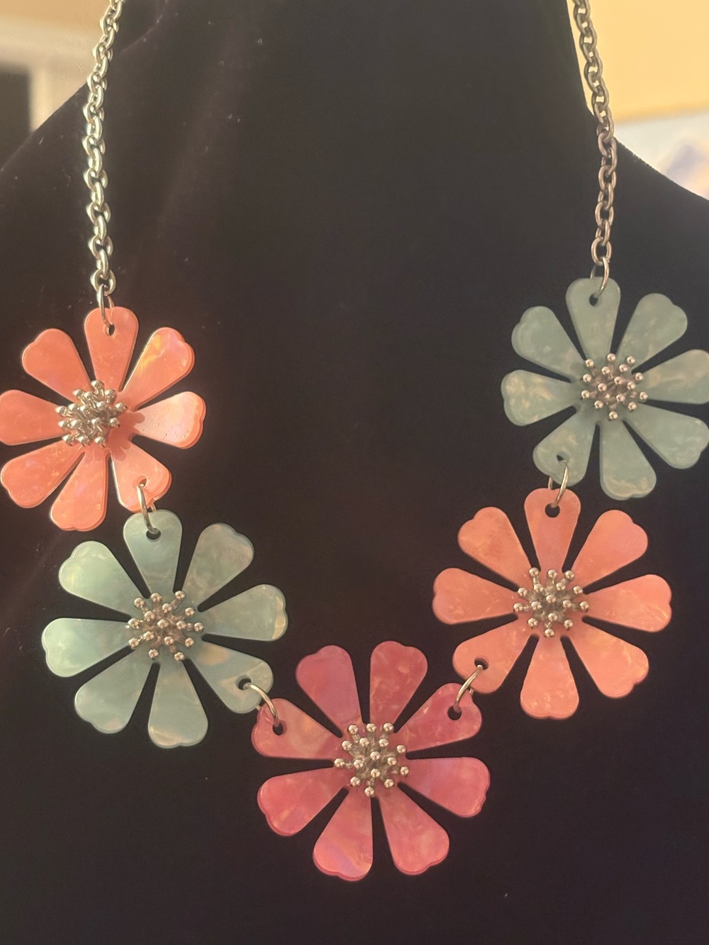 Floral Statement Necklace - Pink & Mint Flower Pendant